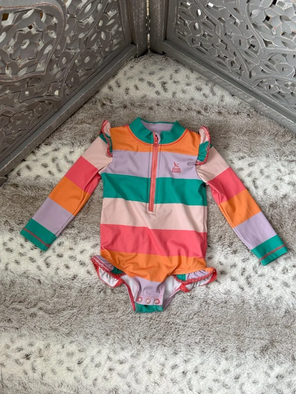 Eddie Bauer long sleeve swimsuit baby girls 18 months stripes ruffles beach